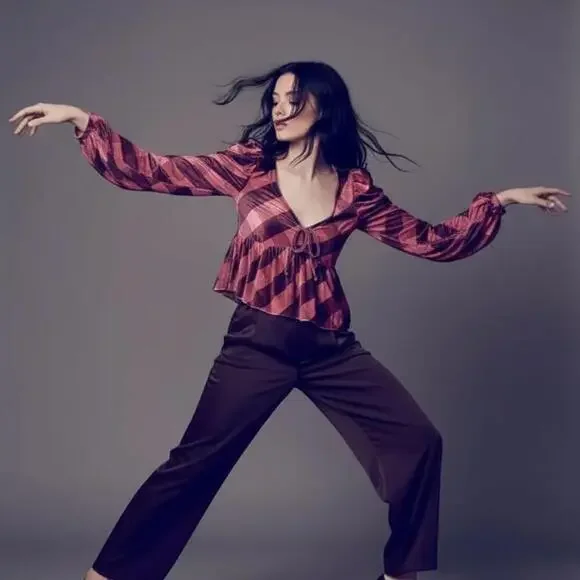 Maeve Plaid Velvet Babydoll Top in Pink Plaid Size Small - Picture 4 of 6